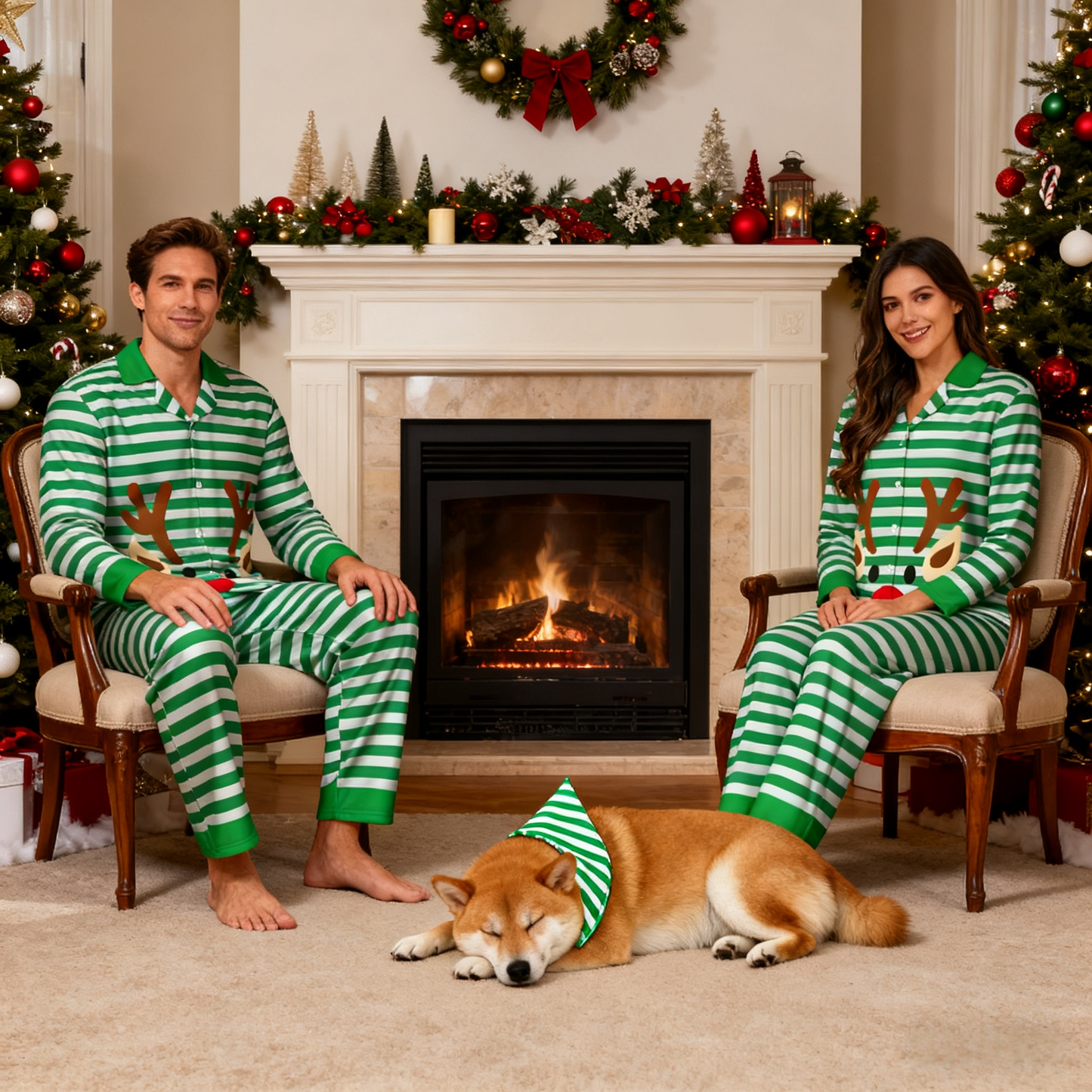 Holiday Green Reindeer Stripe Matching Pajamas