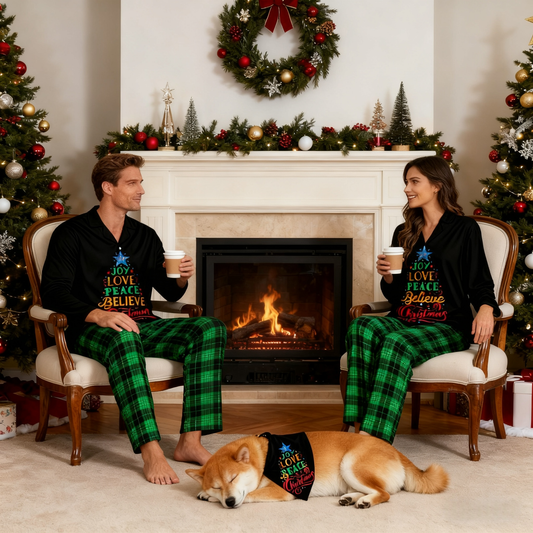 Holiday Joy Love Peace Christmas Tree Matching Pajamas