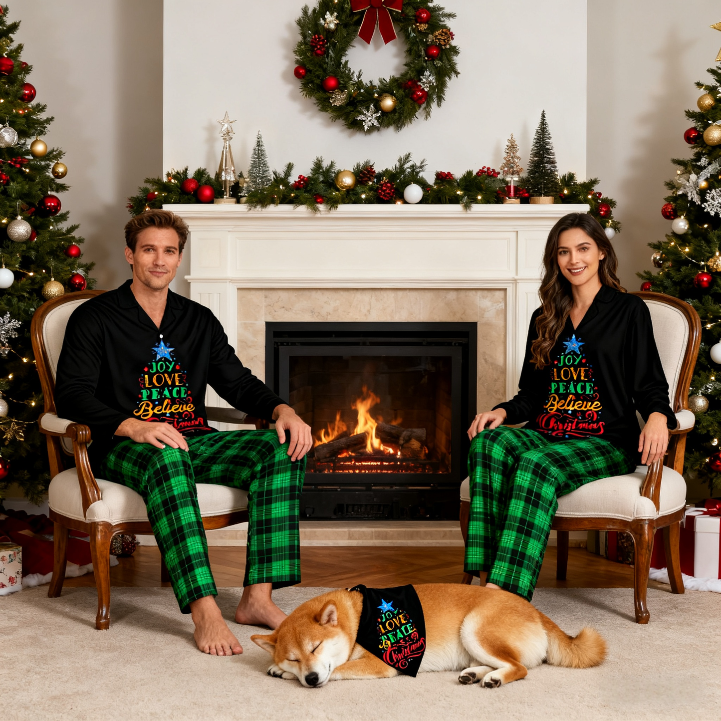 Holiday Joy Love Peace Christmas Tree Matching Pajamas