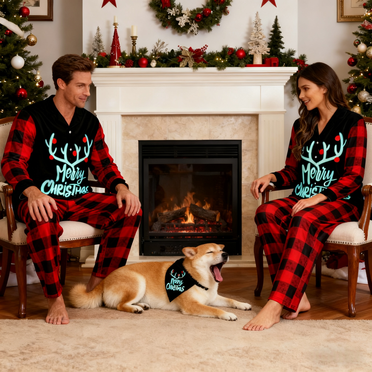 Holiday Reindeer Antlers Merry Christmas Matching Pajamas