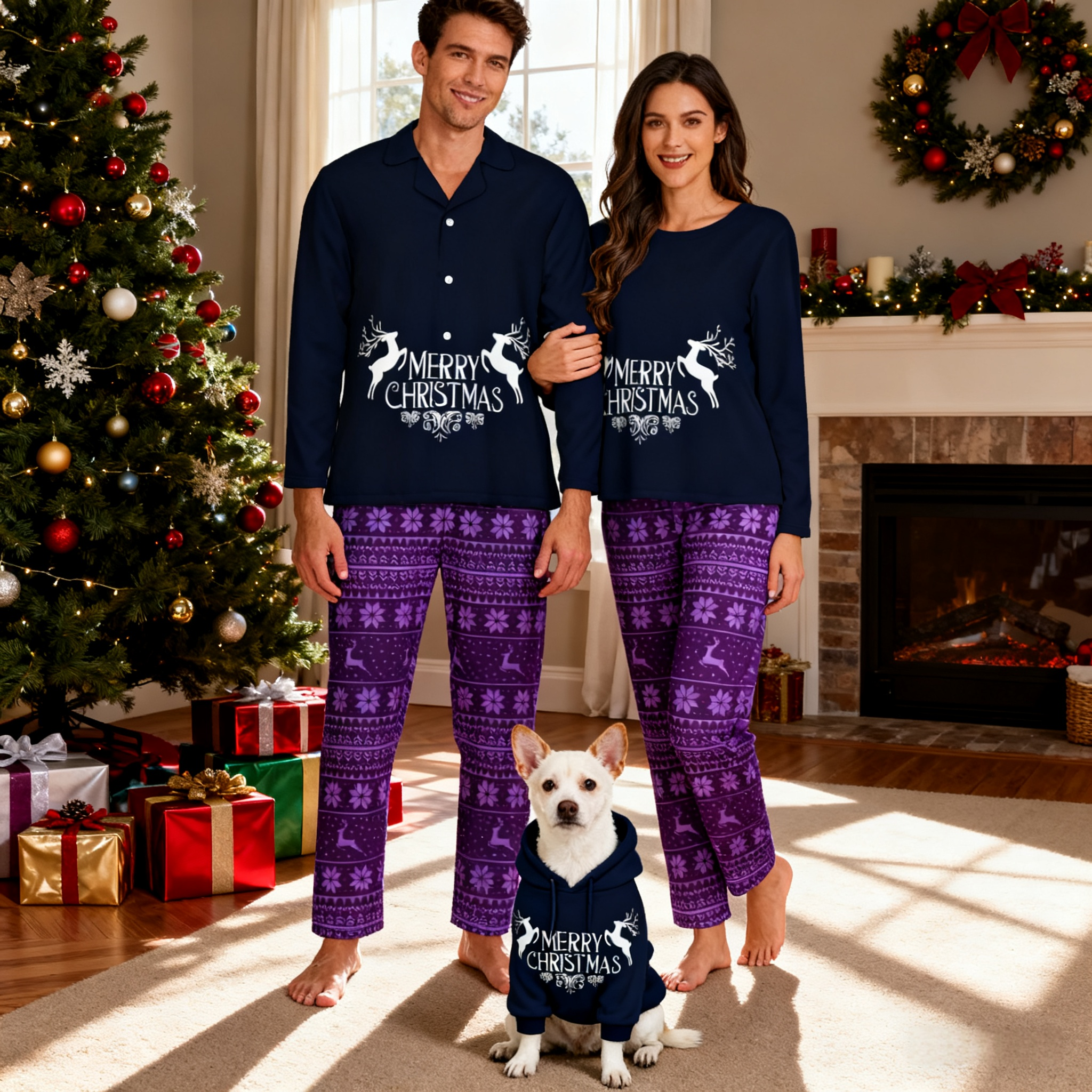 Holiday Snowy Reindeer Matching Pajamas