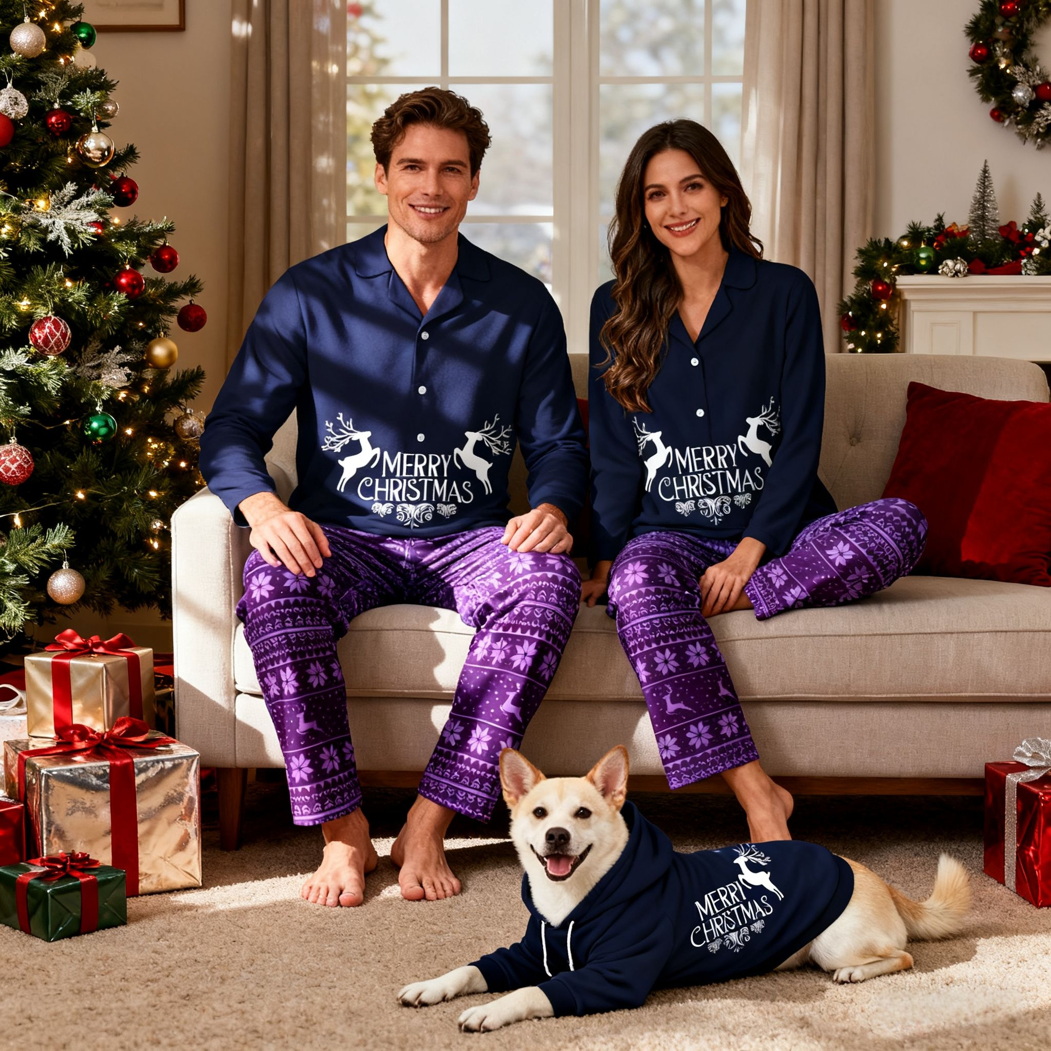 Holiday Snowy Reindeer Matching Pajamas