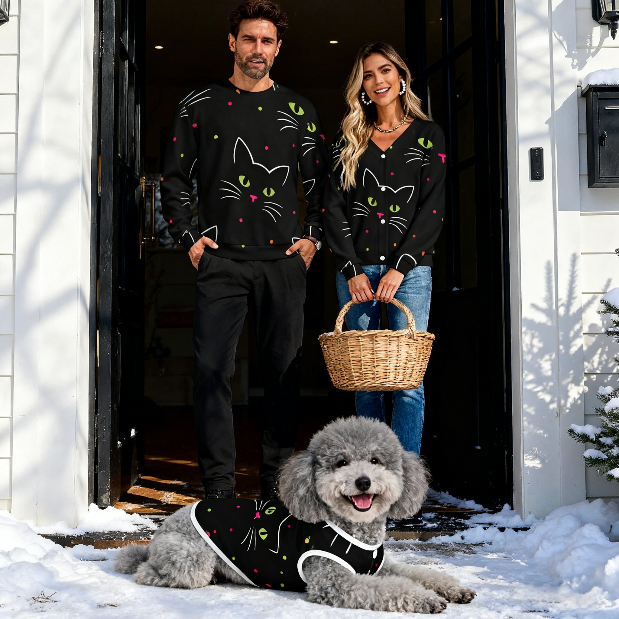 Holiday Black Cat Face Christmas Sweater