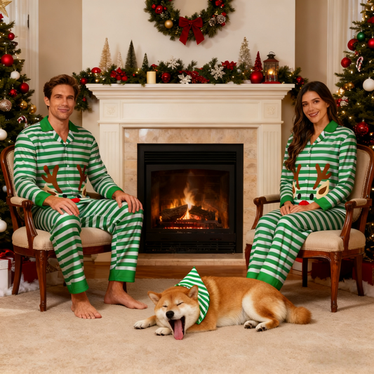 Holiday Green Reindeer Stripe Matching Pajamas