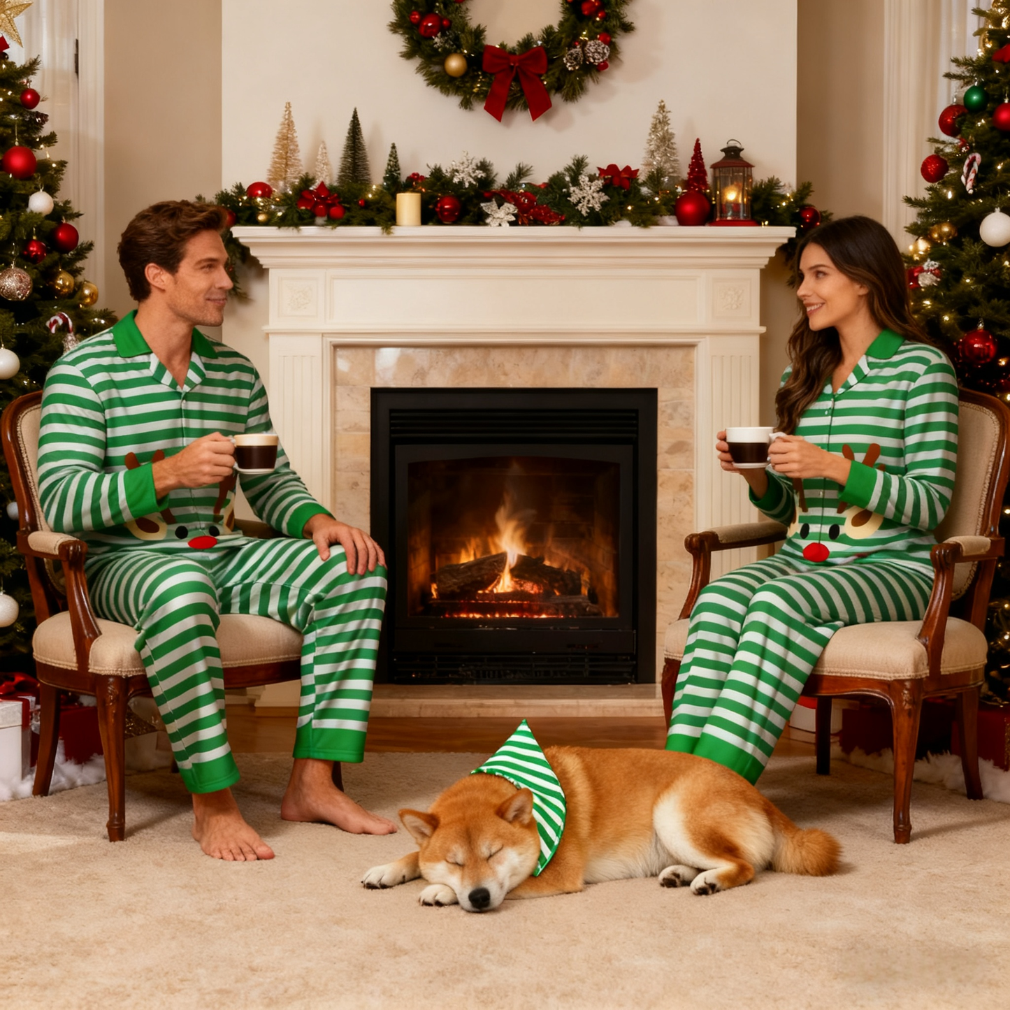 Holiday Green Reindeer Stripe Matching Pajamas