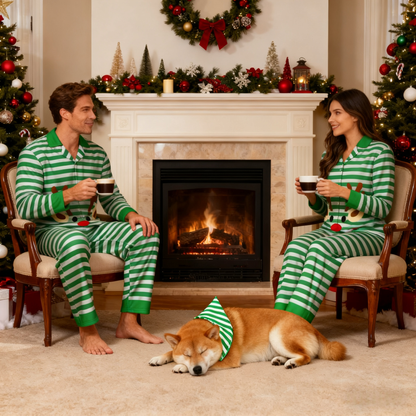 Holiday Green Reindeer Stripe Matching Pajamas