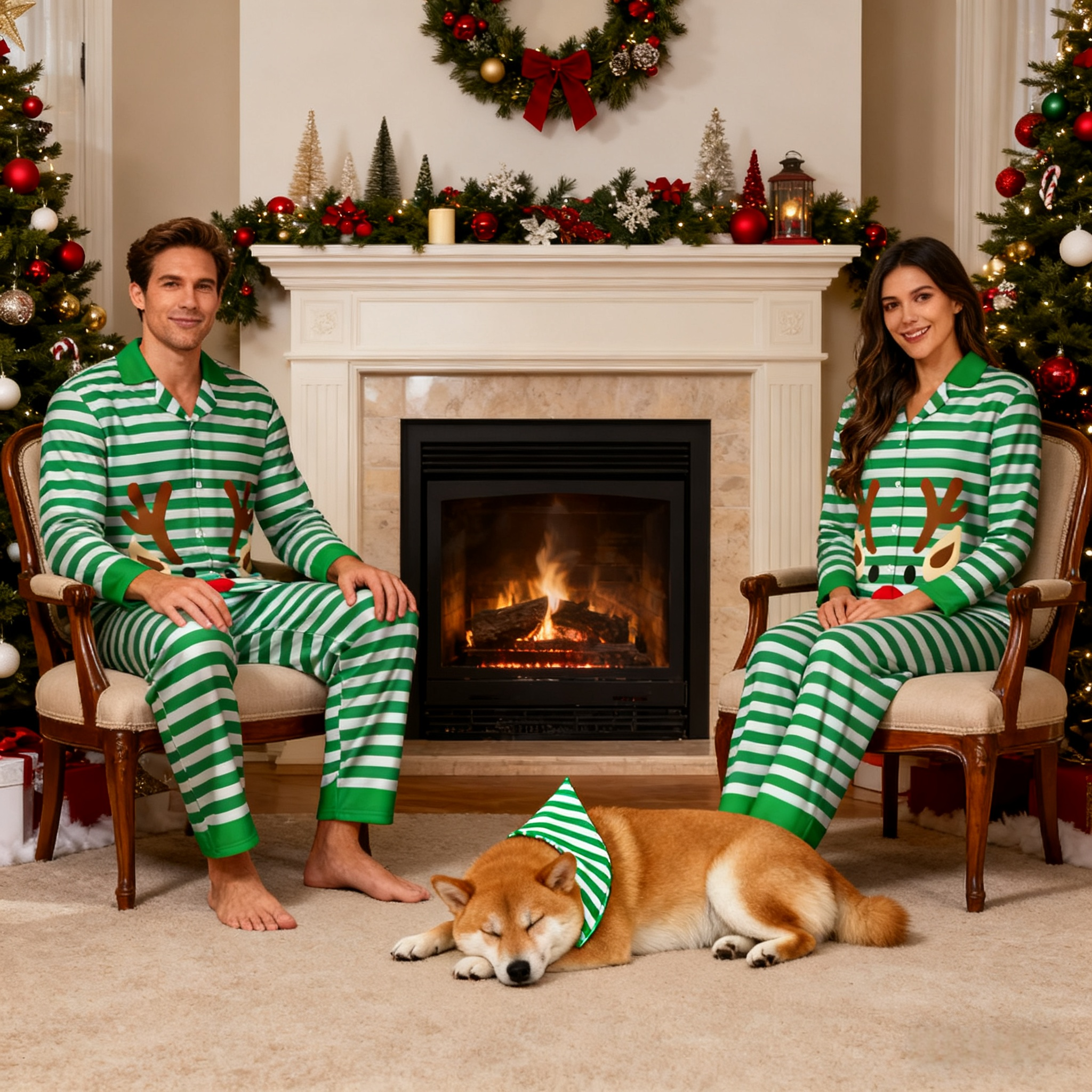 Holiday Green Reindeer Stripe Matching Pajamas