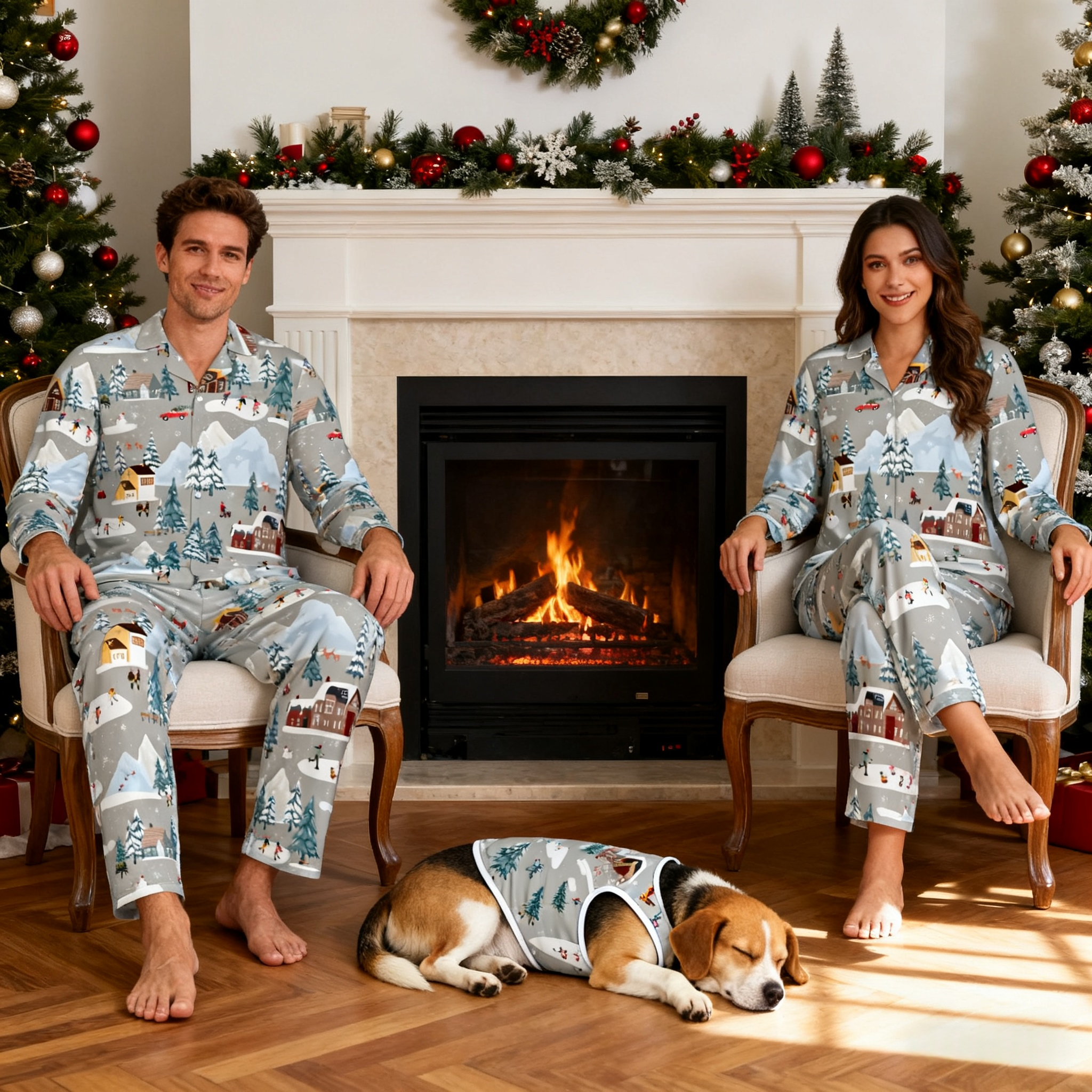 Holiday Winter Village Scene Matching Pajamas