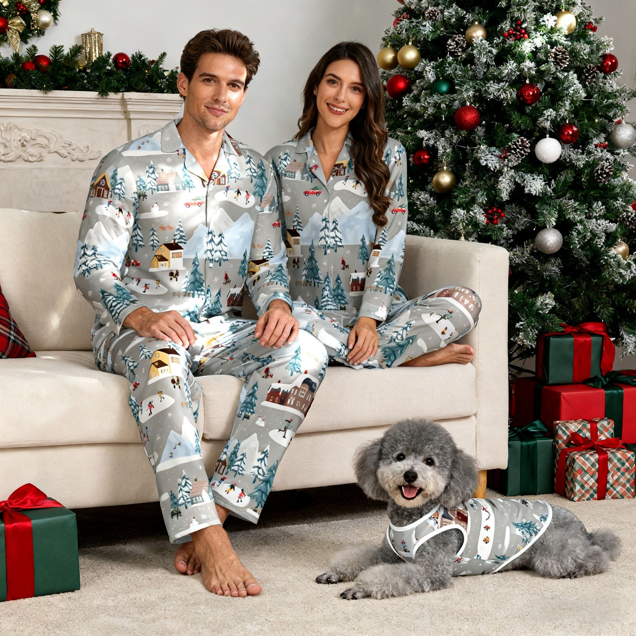 Holiday Winter Village Scene Matching Pajamas