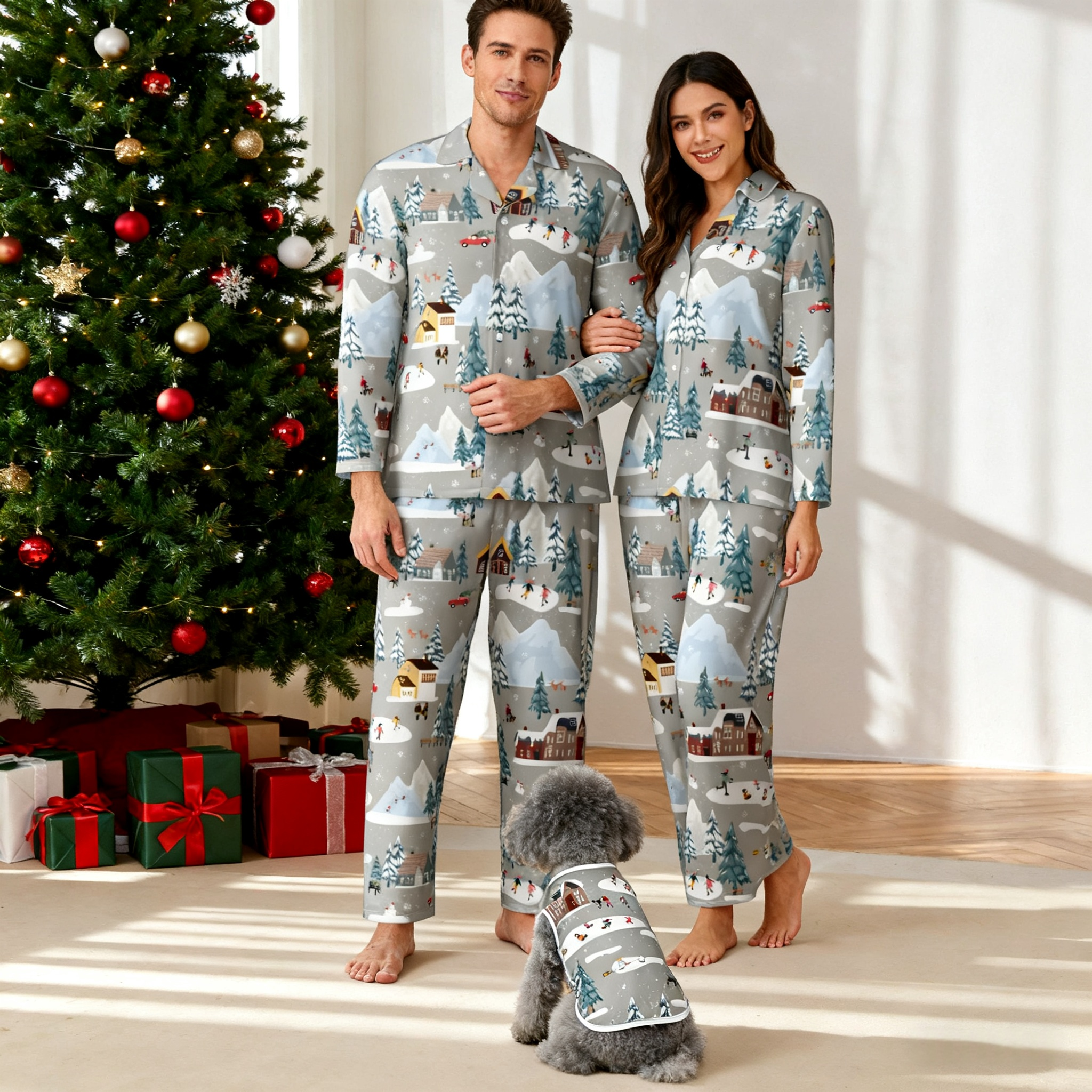 Holiday Winter Village Scene Matching Pajamas