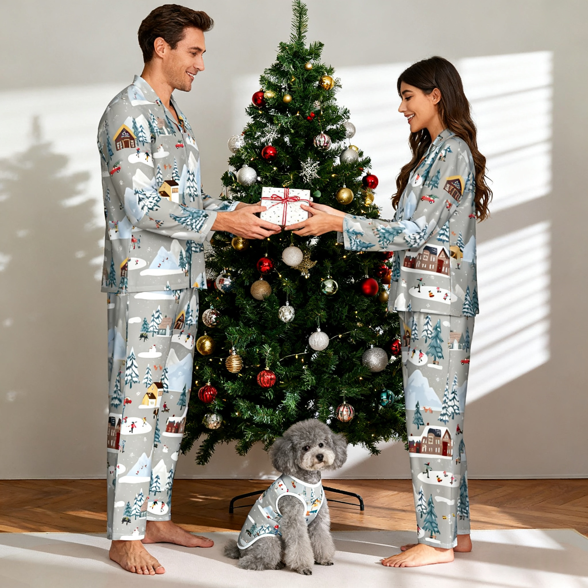 Holiday Winter Village Scene Matching Pajamas