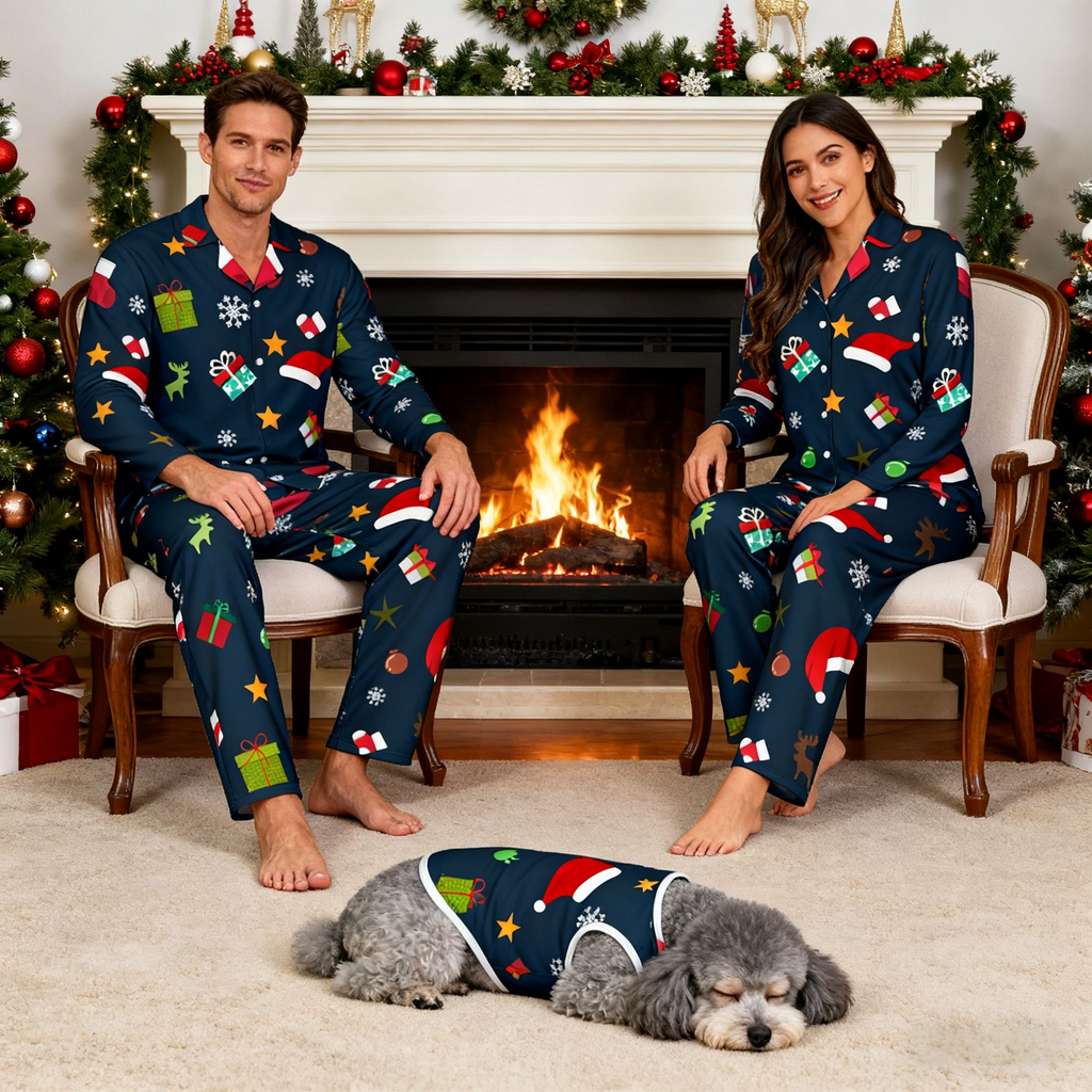 Holiday Santa Hats & Gifts Matching Pajamas