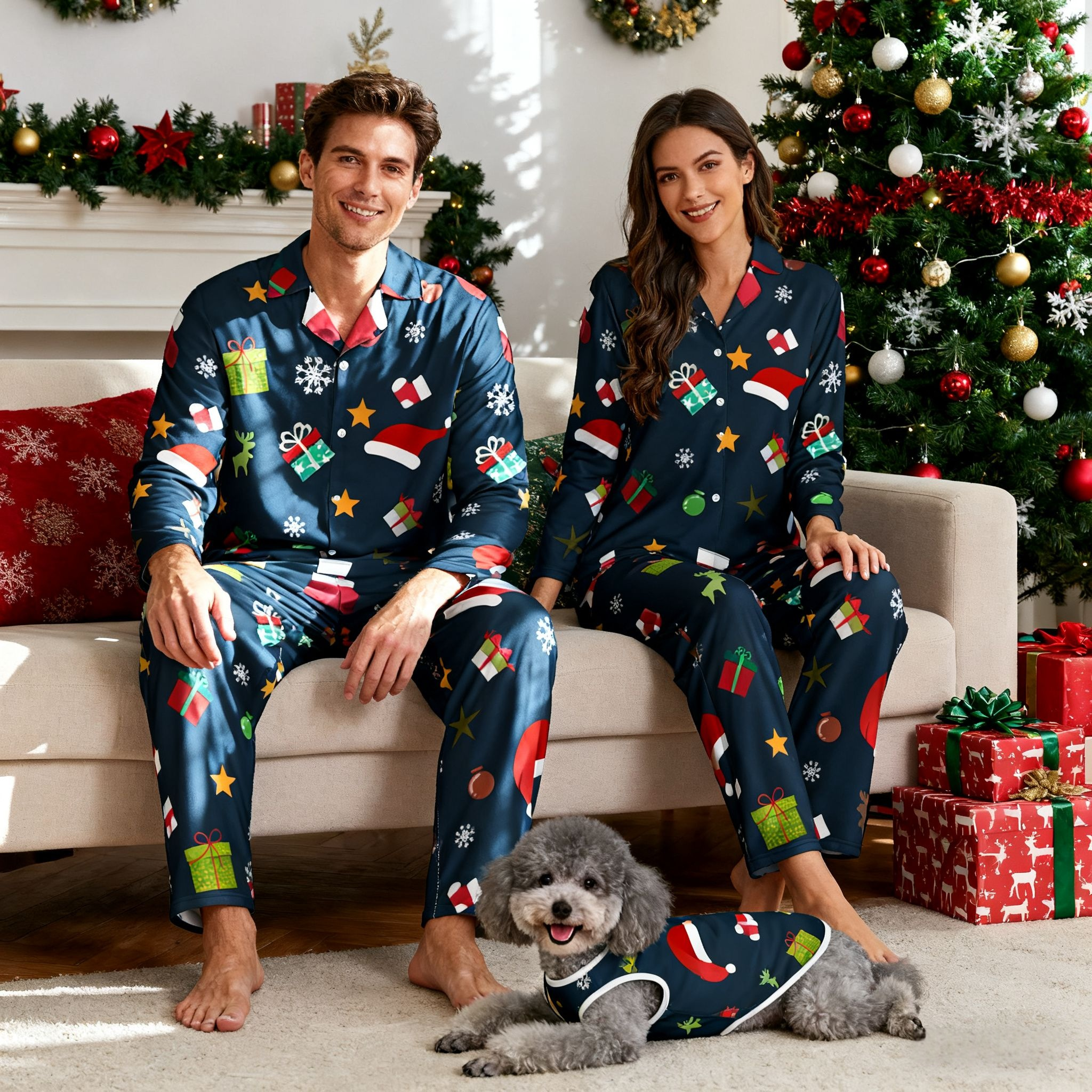 Holiday Santa Hats & Gifts Matching Pajamas