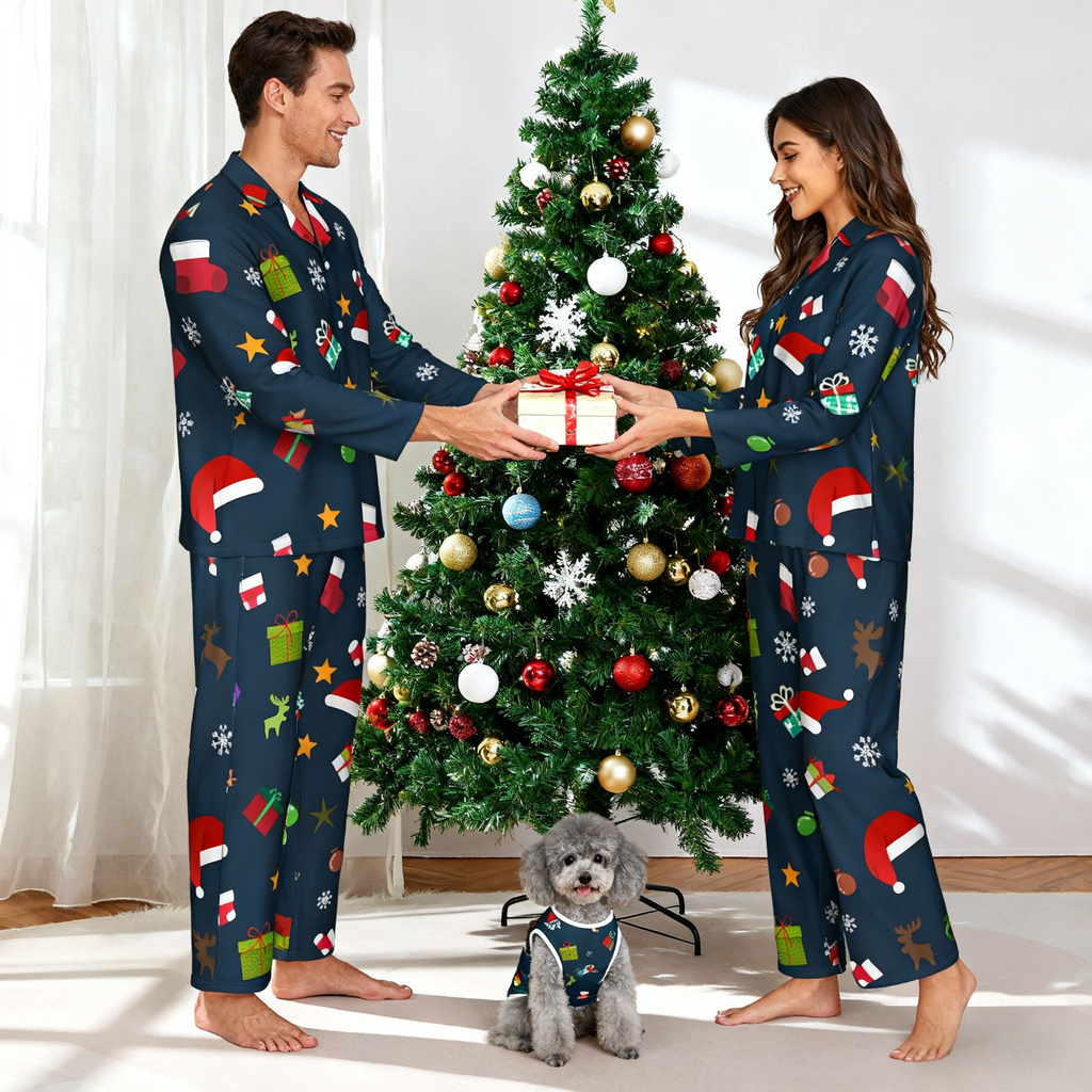 Holiday Santa Hats & Gifts Matching Pajamas