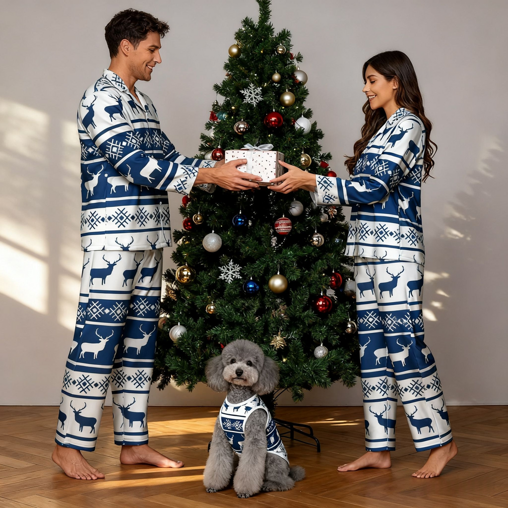 Holiday Blue Reindeer Matching Pajamas