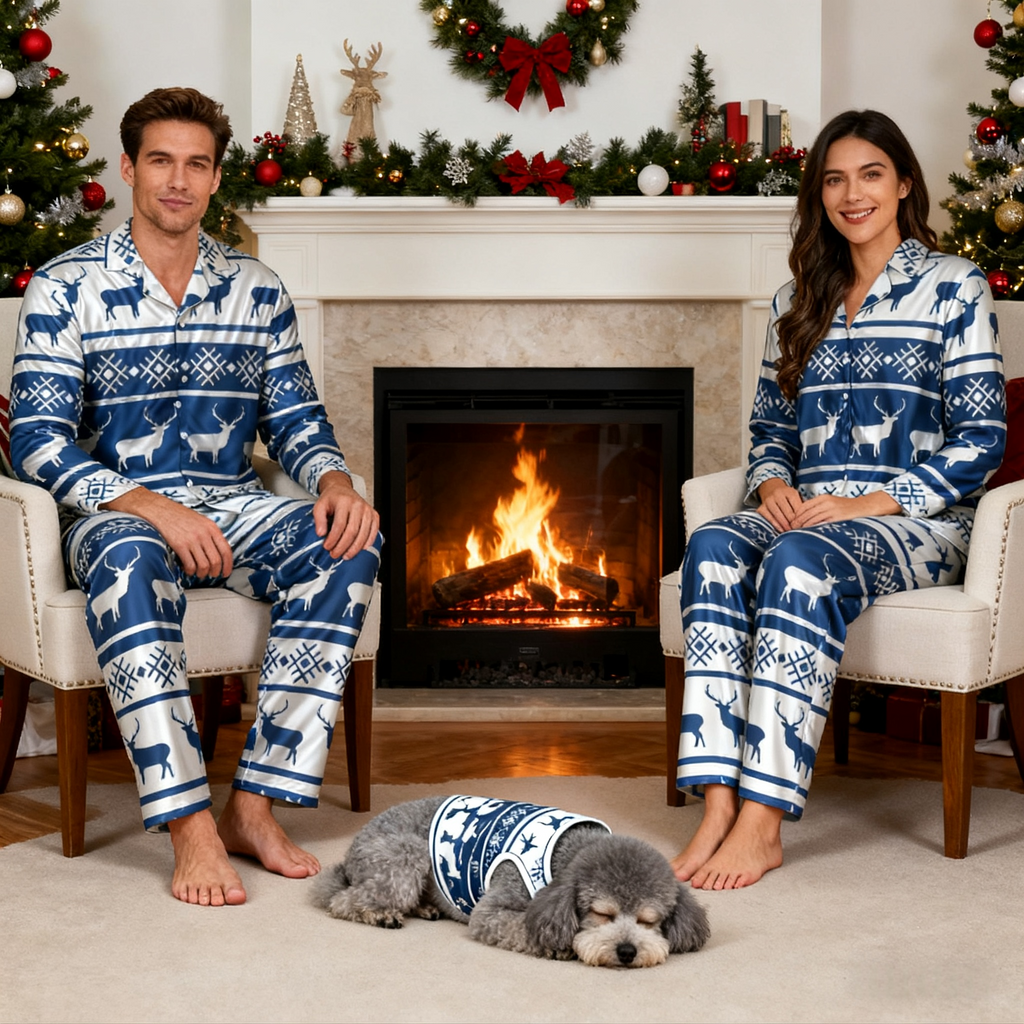 Holiday Blue Reindeer Matching Pajamas