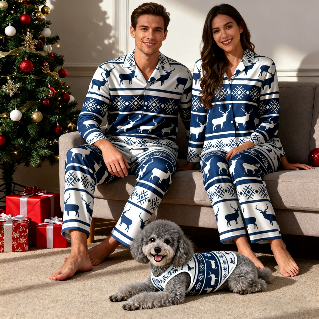 Holiday Blue Reindeer Matching Pajamas