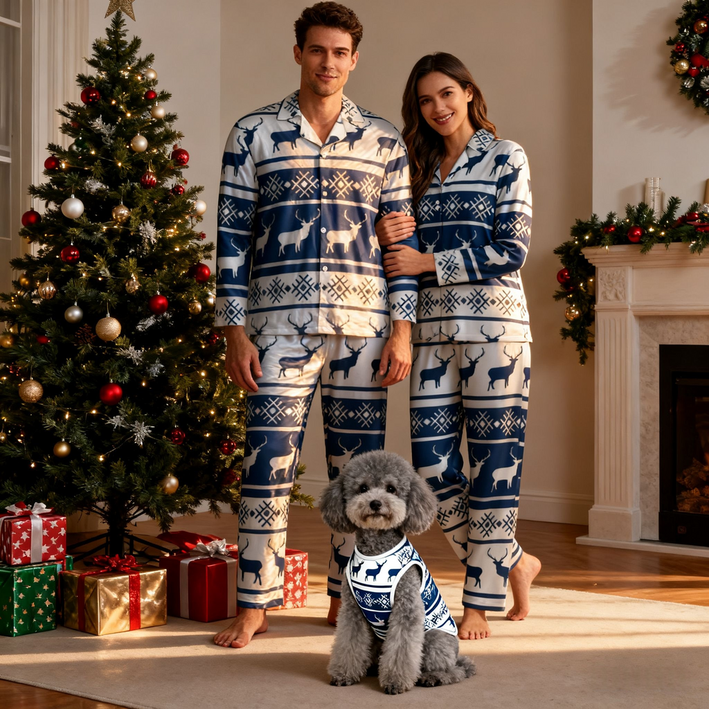 Holiday Blue Reindeer Matching Pajamas