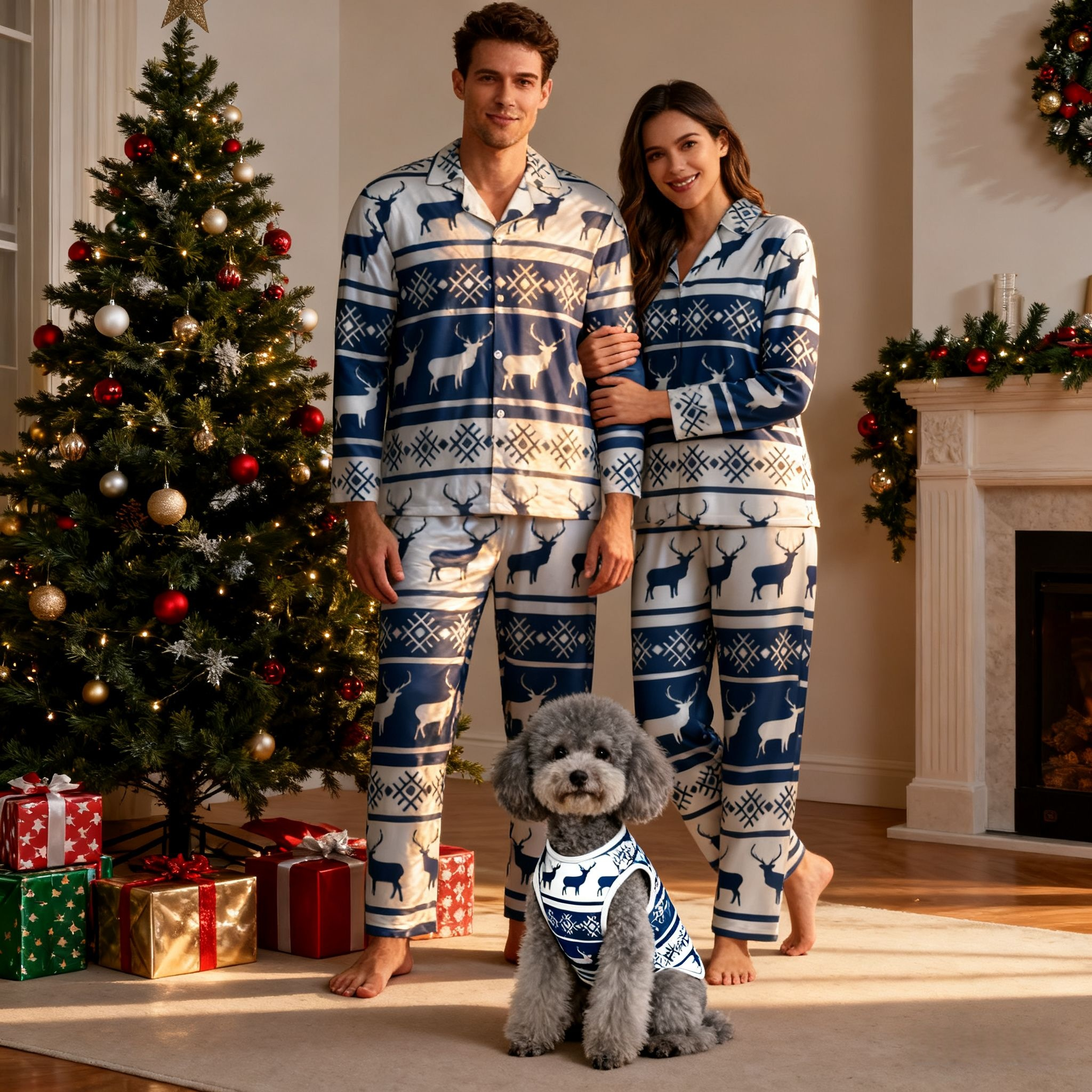 Holiday Blue Reindeer Matching Pajamas