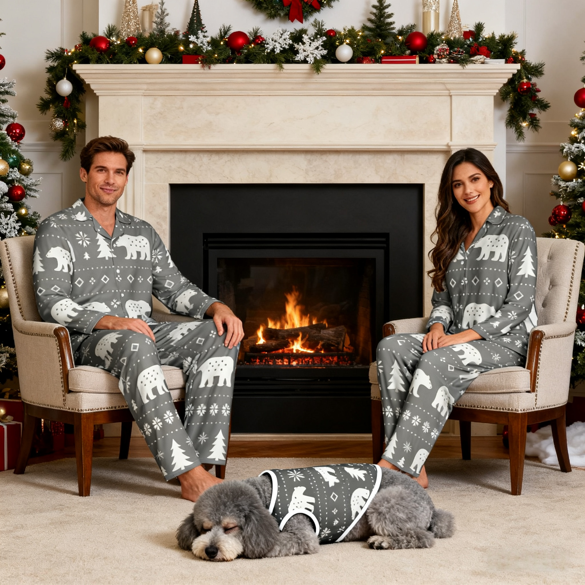 Holiday Bear and Tree Print Christmas Pajamas