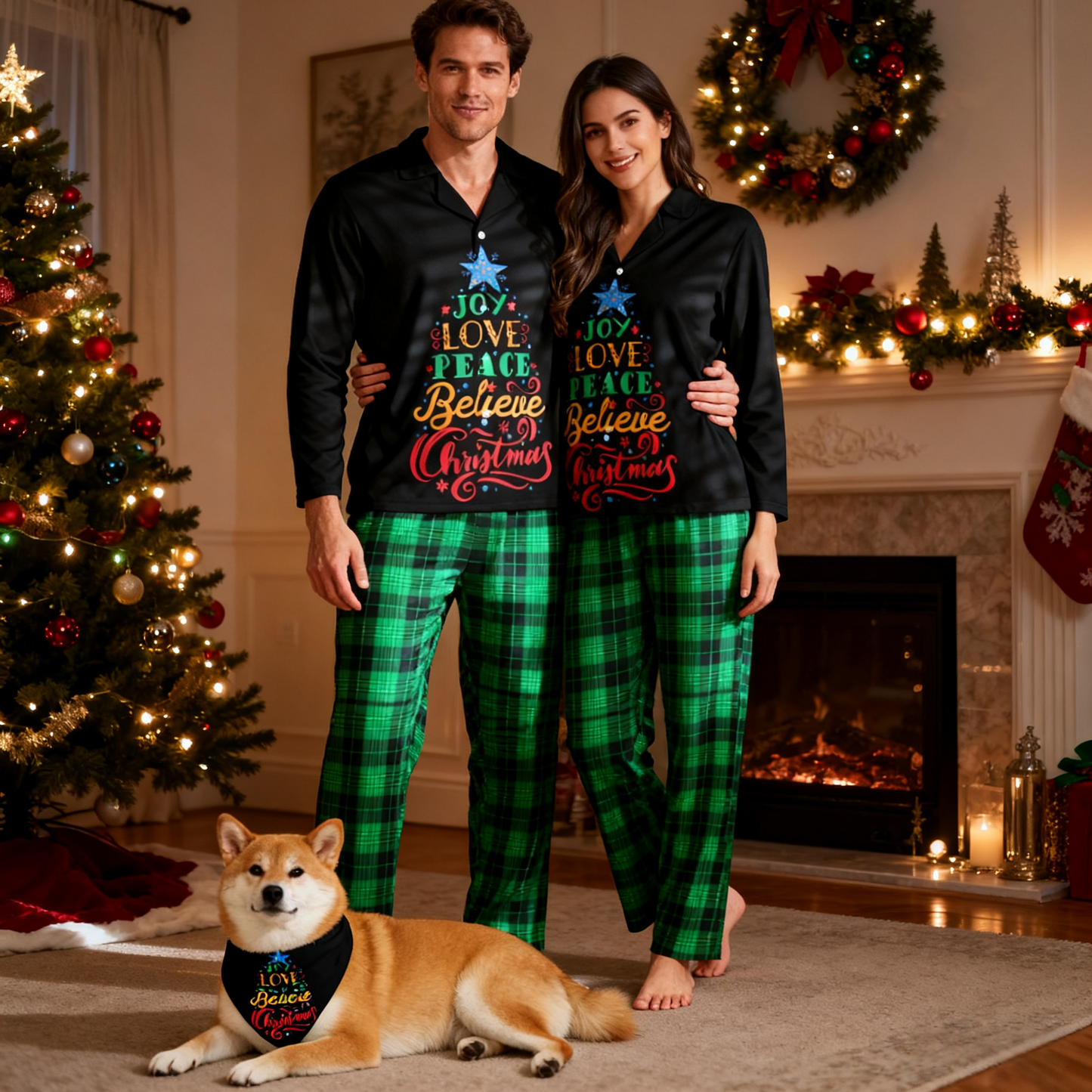 Holiday Joy Love Peace Christmas Tree Matching Pajamas