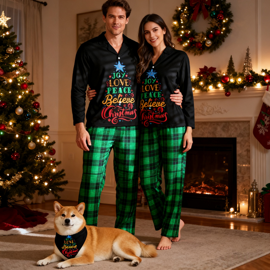 Holiday Joy Love Peace Christmas Tree Matching Pajamas