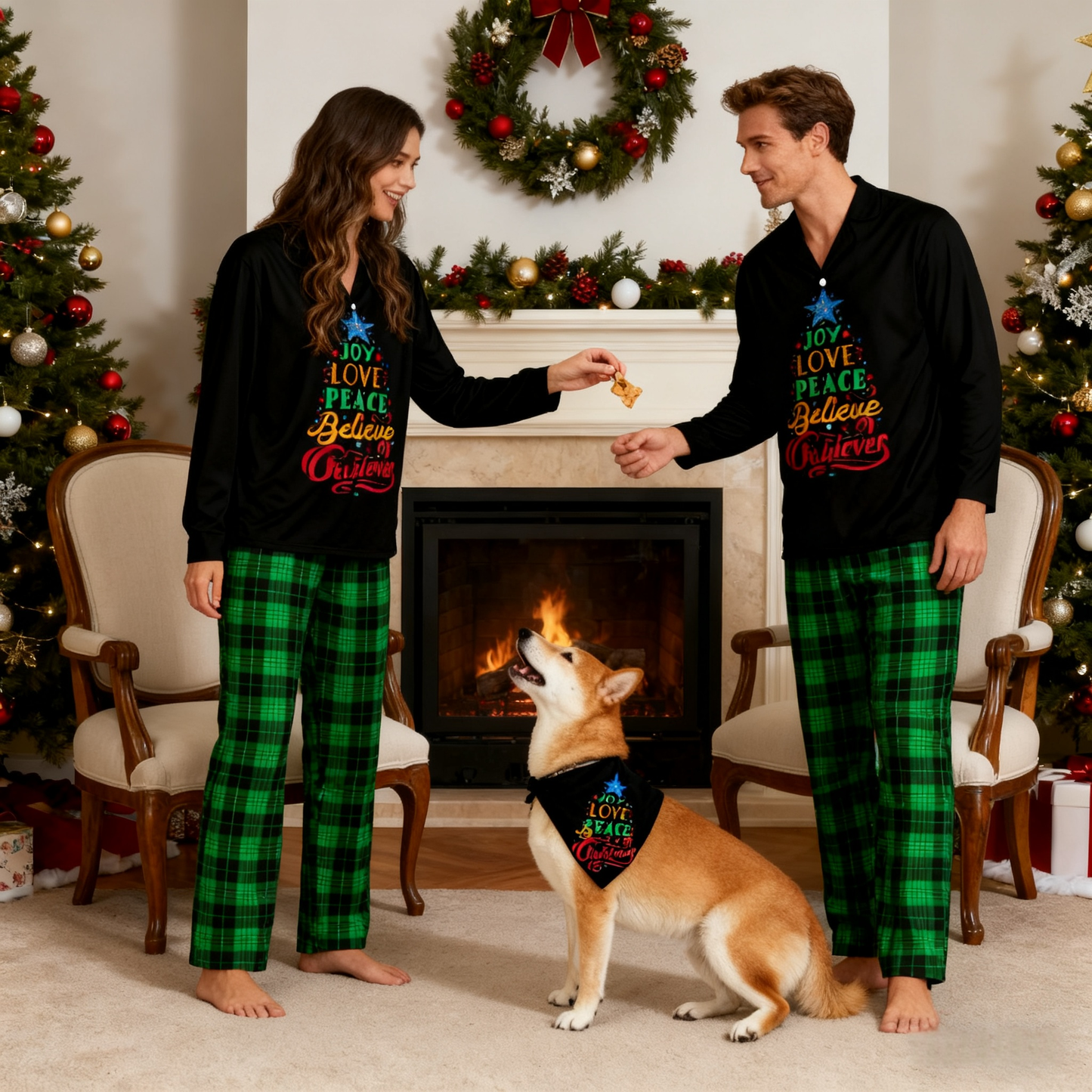 Holiday Joy Love Peace Christmas Tree Matching Pajamas