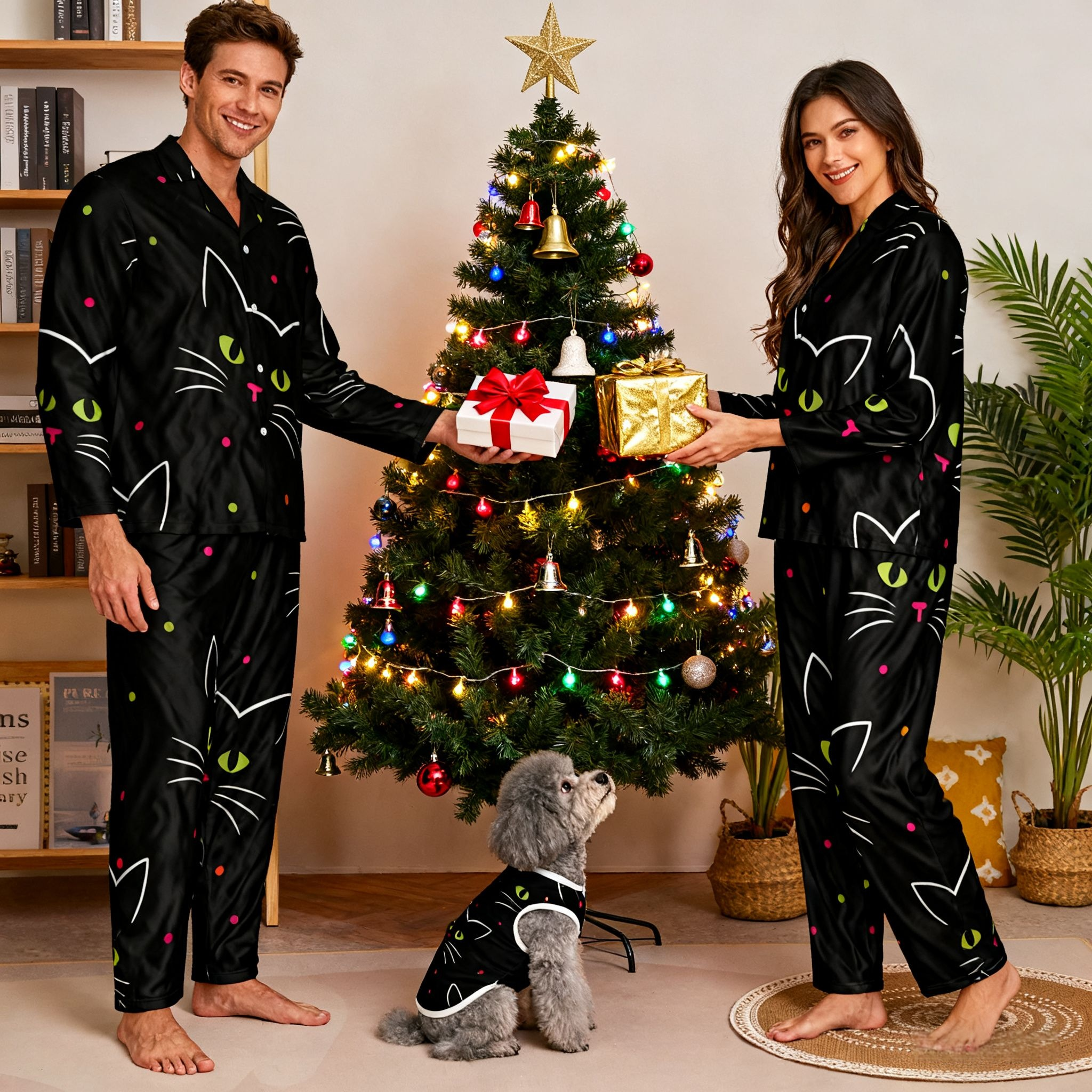 Holiday Green Eyed Cat Christmas Pajamas