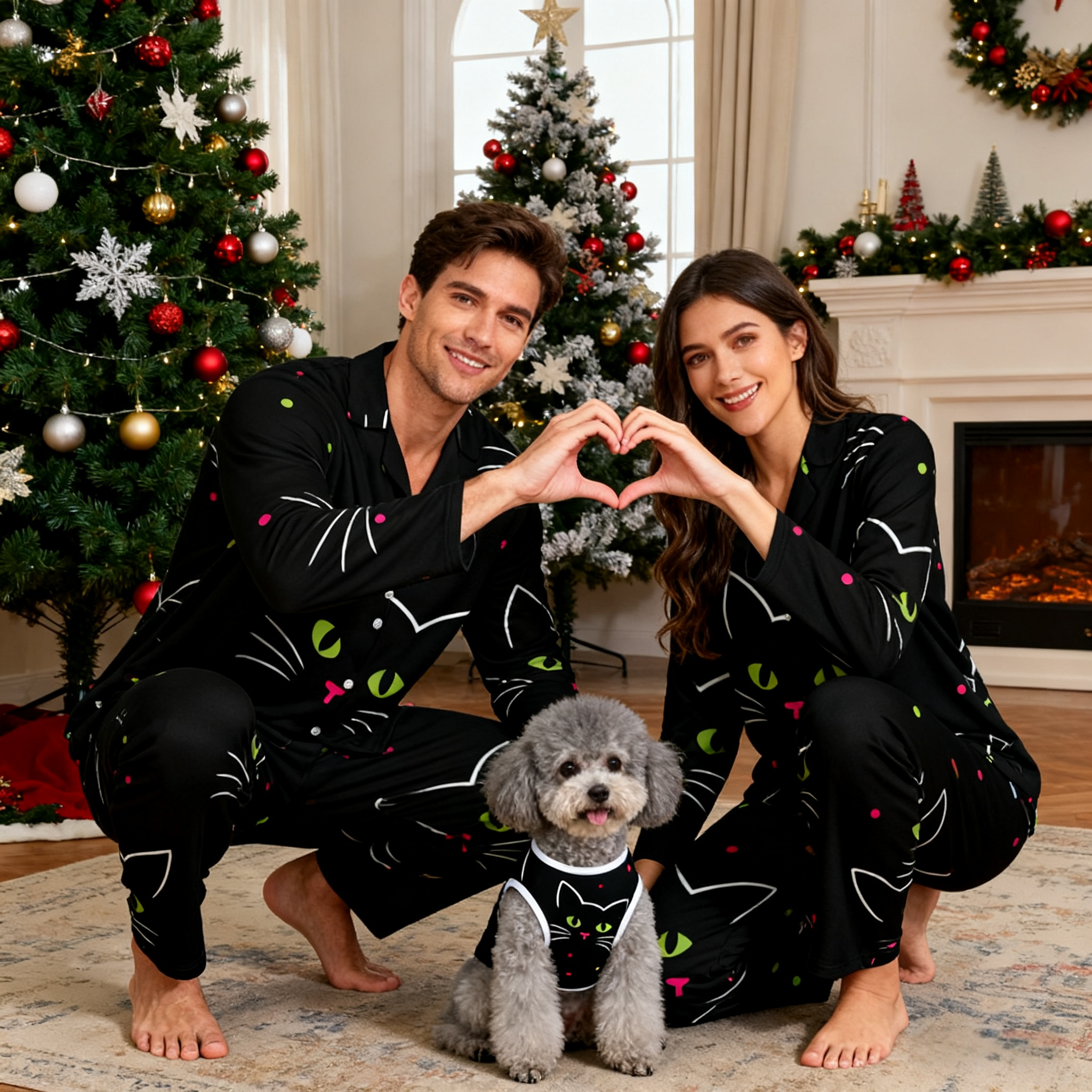 Holiday Green Eyed Cat Christmas Pajamas