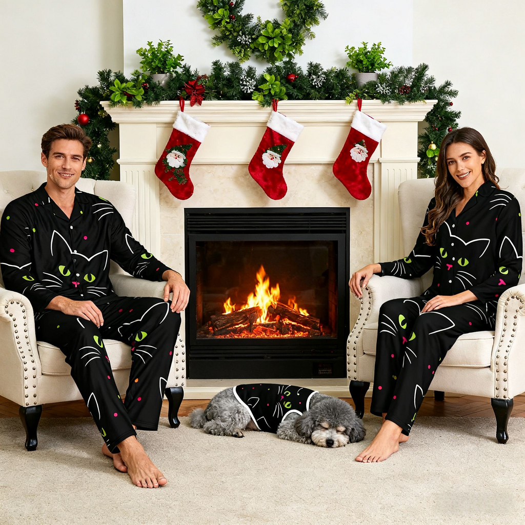 Holiday Green Eyed Cat Christmas Pajamas